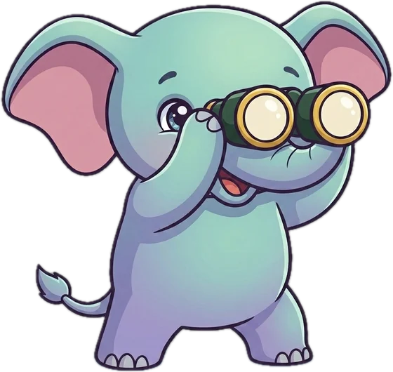 Atlas the elephant scanning the horizon through binoculars.
