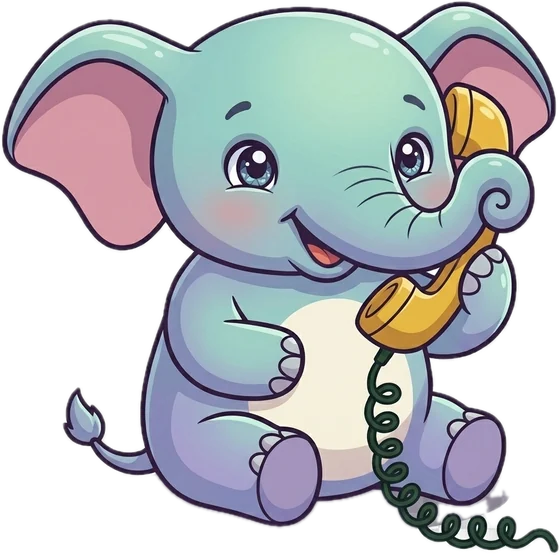 Atlas the elephant chatting happily on an old-fashioned telephone.