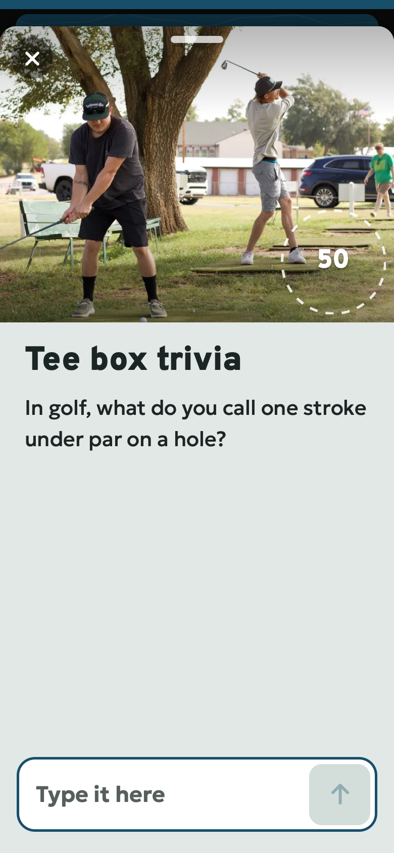 Answer it: Tee box trivia. In golf, what do you call one stroke under par on a hole? Poster preview of the Passport challenge screen.